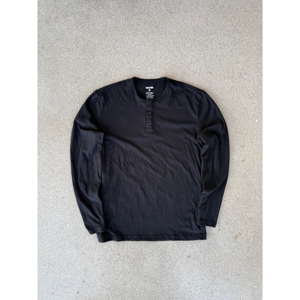 True Classic Mens Small Henley Shirt - Black Long Sleeve Cotton Blend